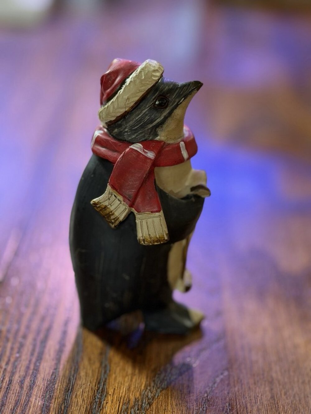 Christmas Penguin Figurine Wearing Santa Hat With Red Scarf 4.5”